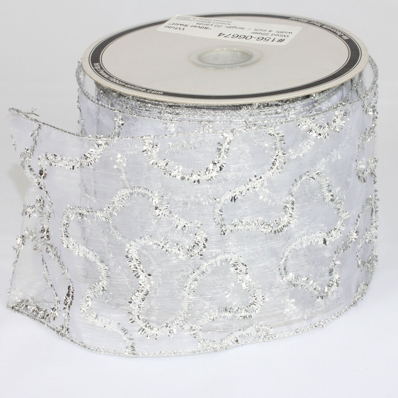 The Ribbon People Sheer White with Silver Swirl Wired Craft Ribbon 4" x 20 Yards